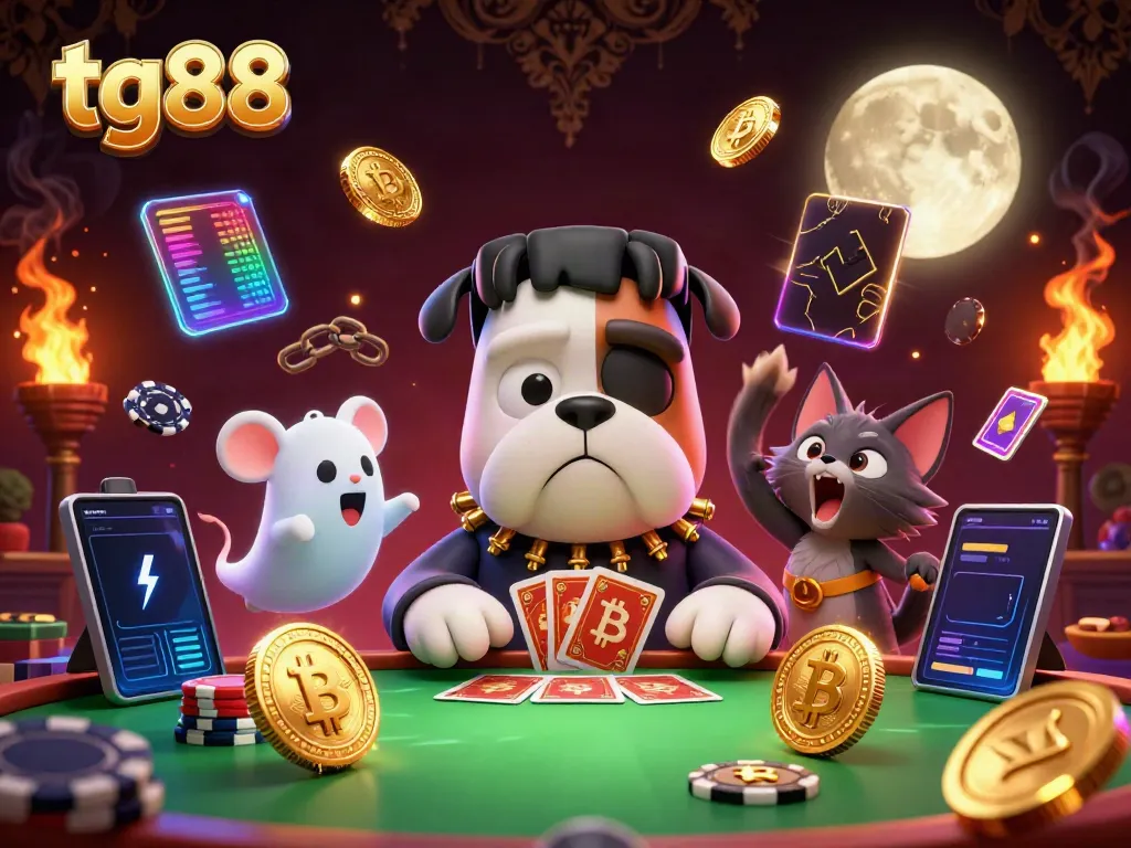 Experience thrilling gaming action at tg88 with a cartoon bulldog dealer and gold elements.