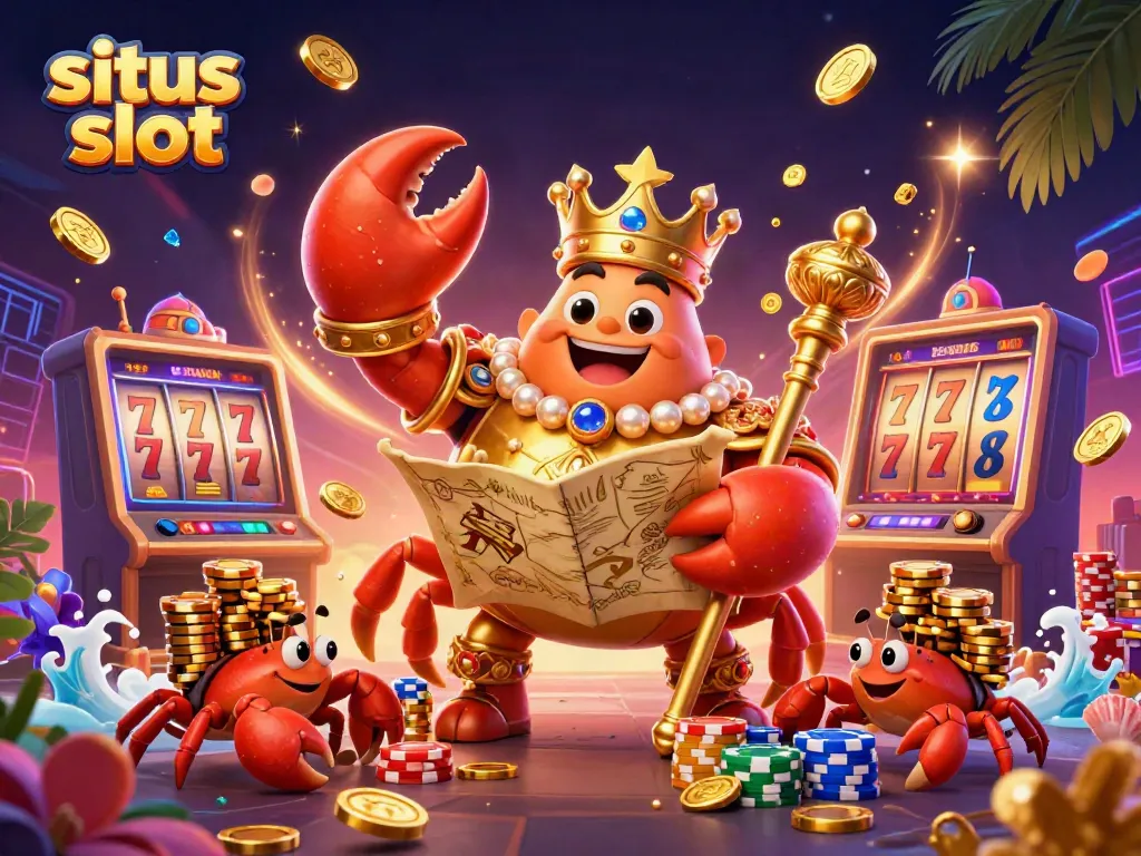 Situs slot illustration featuring a golden crab emperor with treasure map, surrounded by slot machines, gemstones, and golden coins.