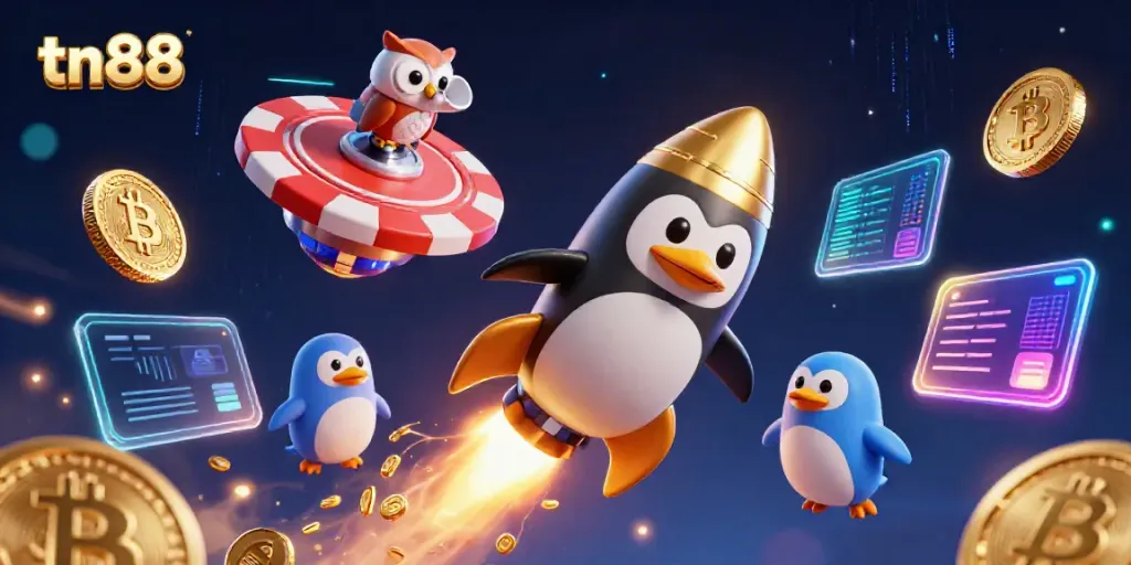 Experience the thrill of tn88's vibrant online casino universe with a golden penguin on a cosmic adventure.