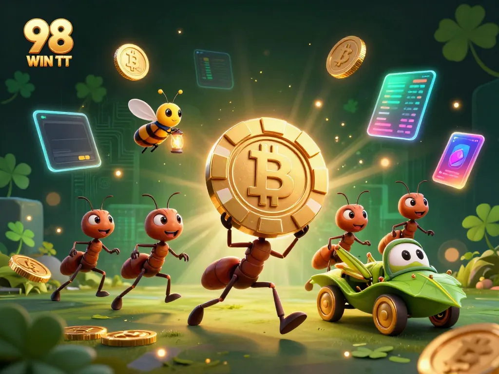 Engage in the thrilling 98 WIN TT heist with cartoon ants and golden chips in a vibrant digital world.