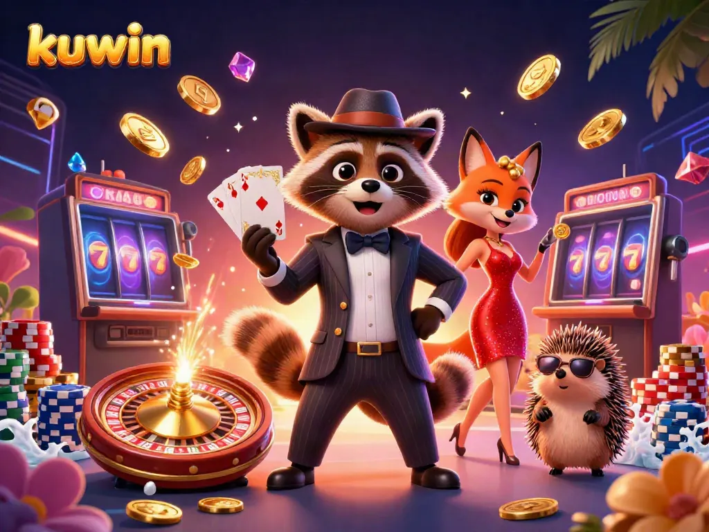 kuwin card game scene with raccoon in suit and fox lady, showcasing vibrant casino elements