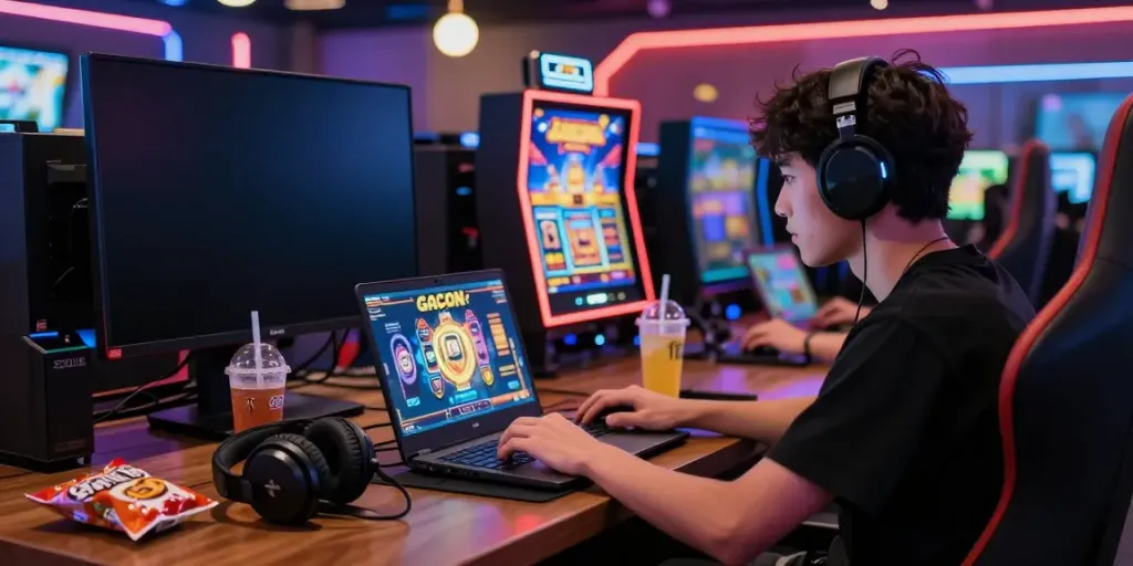 Engaging gamer playing slot gacor games in a vibrant lounge setting.