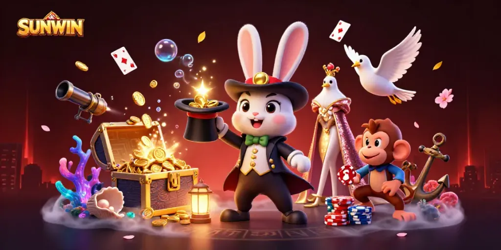 Play exciting games with SUNWIN as a cartoon magician rabbit reveals golden coins, enhancing your gaming experience.
