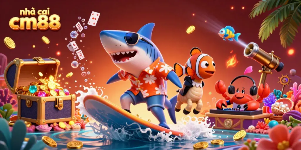 Engage with fun gambling at nhà cái cm88 featuring characters surfing on gold coins amidst vibrant casino elements.