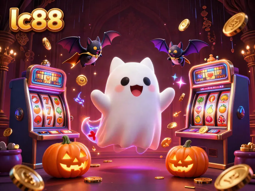 Experience the magic of lc88 in this vibrant 3D casino scene with ghostly charm and slot machine excitement.