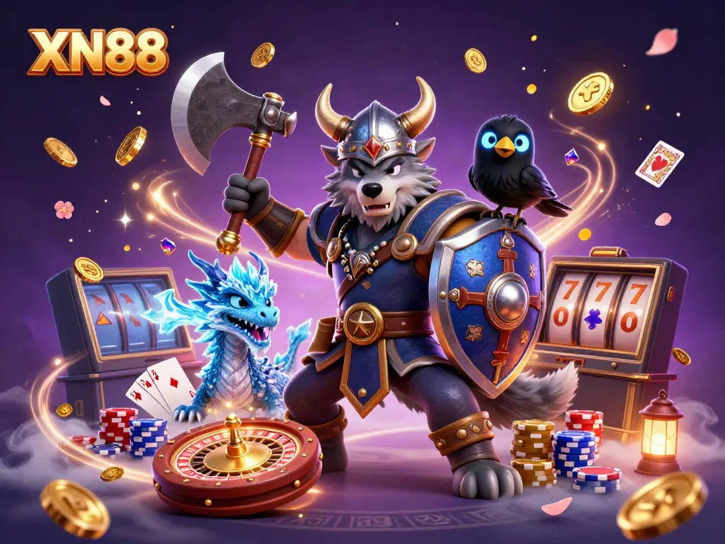 Engage with XN88's vibrant casino world, featuring a Viking warrior and magical creatures amidst thrilling game elements.