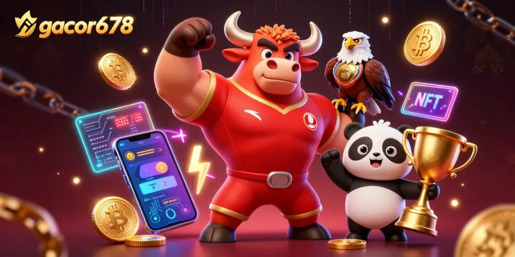 Engage with gacor678's vibrant casino atmosphere featuring a winning bull, eagle champion, and trophy panda.