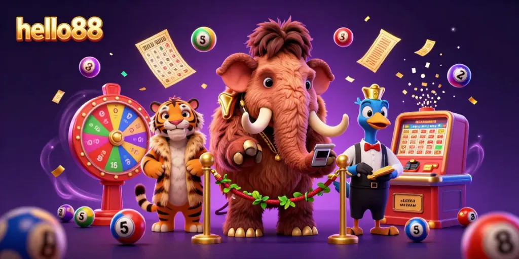 Experience exciting gaming with hello88, where a mammoth bouncer greets VIP guests in a lively casino scene.
