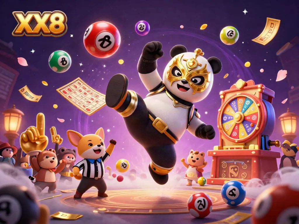 Experience thrilling games with XX8 as a panda wrestler leaps into action amidst lively bingo, lottery, and casino elements.