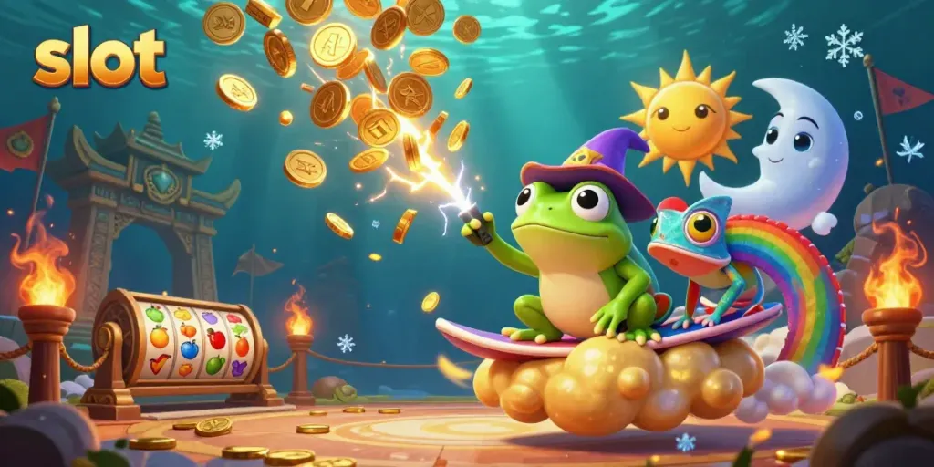 Experience the thrill of slots as the wizard frog conjures golden coins alongside a surfing chameleon in a vibrant casino scene.