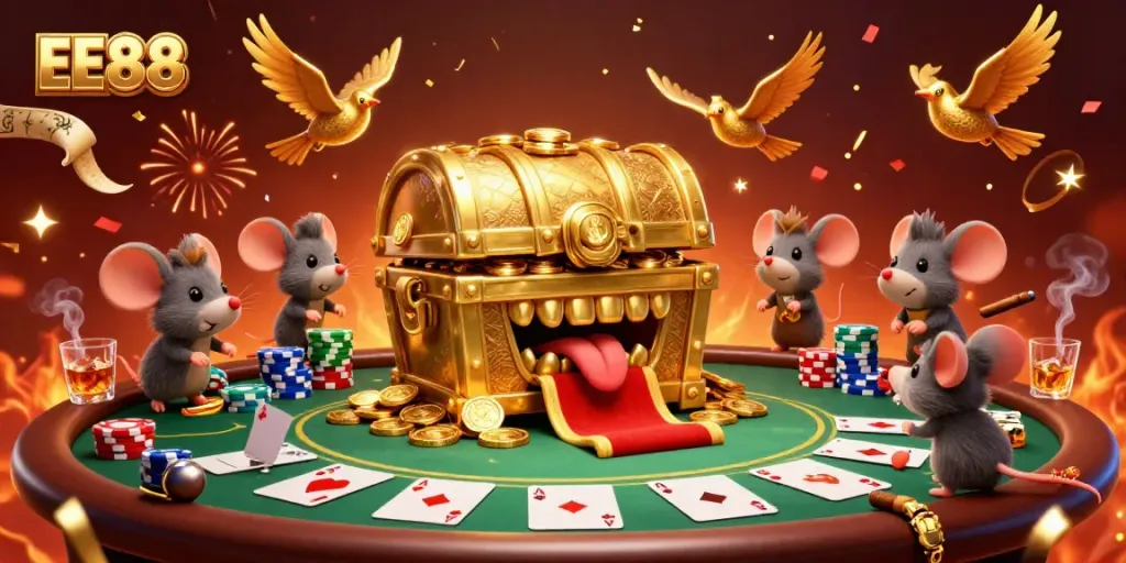 Engage with EE88's treasure-filled adventure, showcasing rich poker elements and dynamic visuals.
