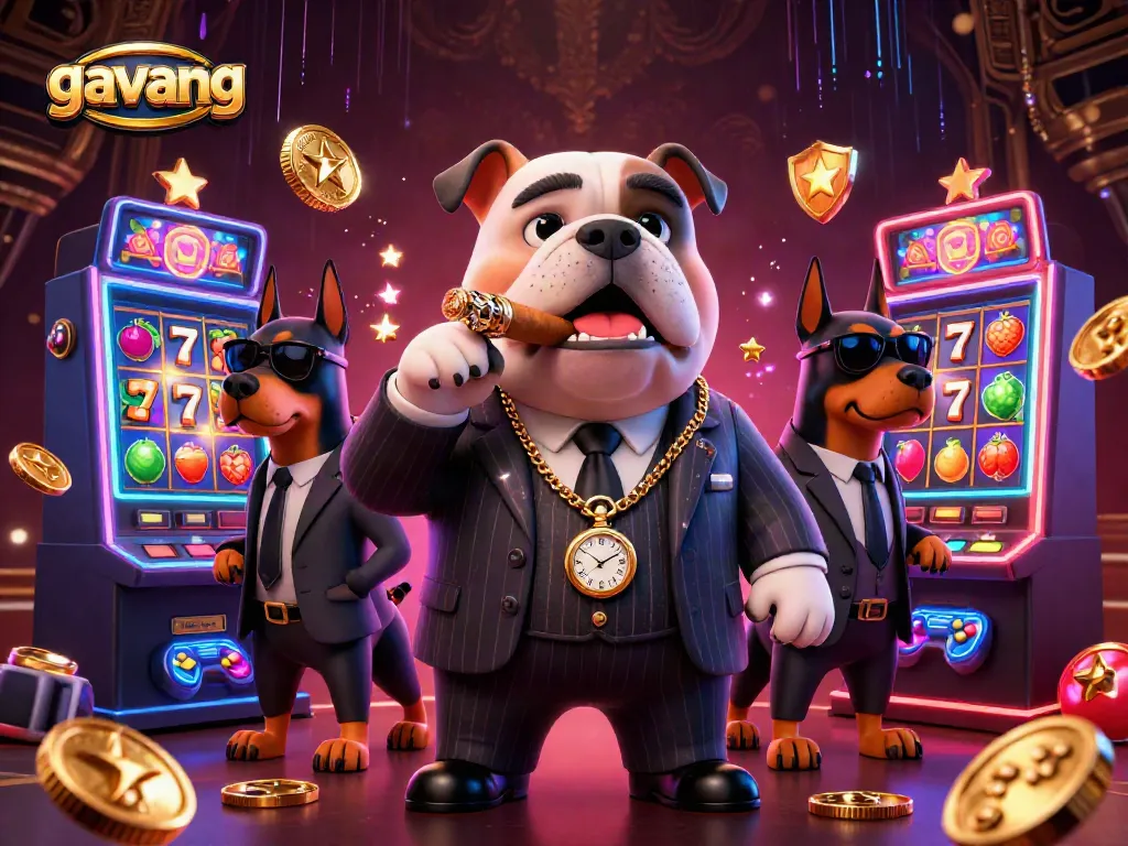 Engage with gavang's vibrant casino scene featuring a bulldog mafia boss and retro slot machines.