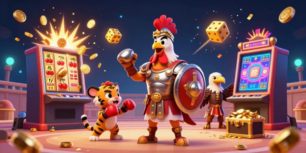 Experience exhilarating gameplay with uu88 featuring a 3D cartoon gladiator rooster, jackpot slot machine, and vibrant casino elements.
