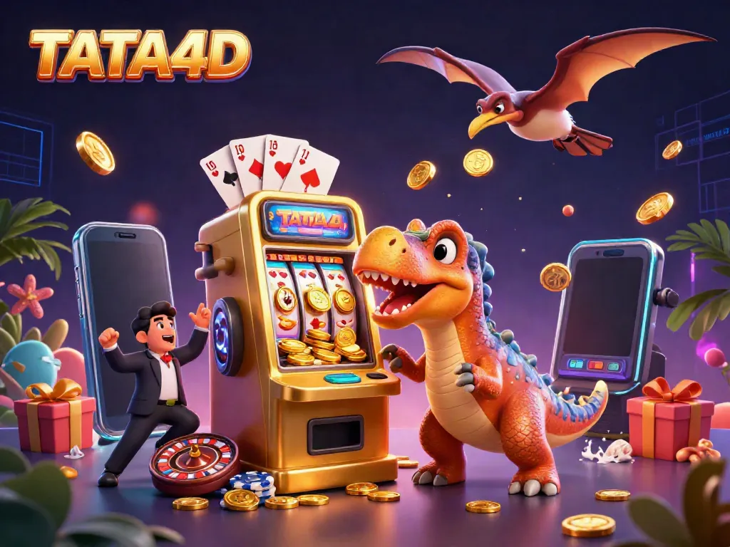 Experience TATA4D's dynamic casino adventure with cartoon dinosaurs and vibrant slot elements.