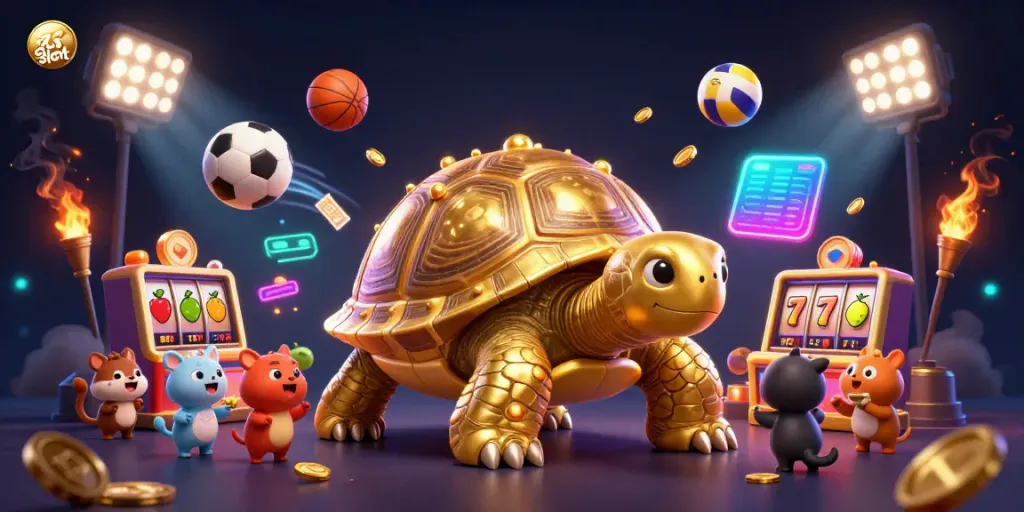 Permainan situs slot dengan karakter kura-kura emas interaktif dan elemen jackpot menarik.