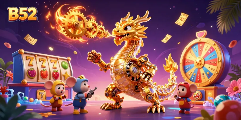 B52 casino experience illustrated with a golden dragon and vibrant game elements in a dynamic scene.