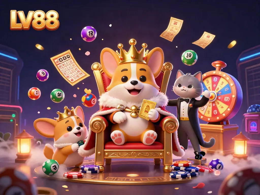 Experience exciting gameplay at LV88 with a vibrant scene of a royal corgi amidst dynamic gambling elements.