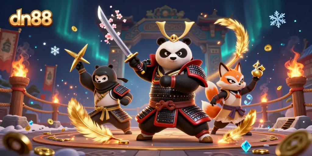 Experience high-stakes action with dn88 in this vivid 3D casino scene featuring samurai and ninja.