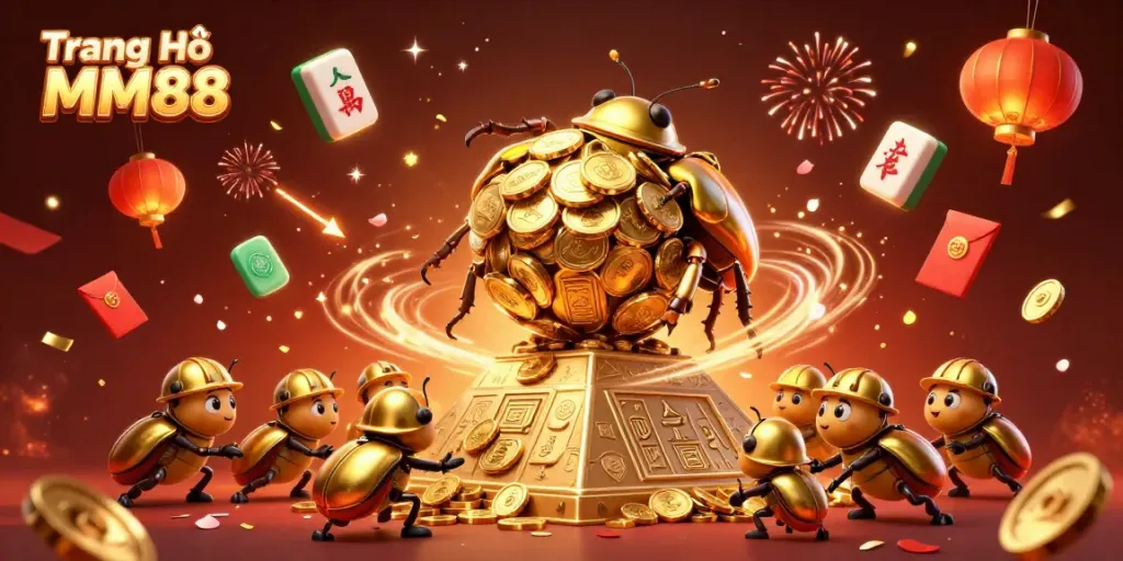Experience the lively atmosphere of Trang Chủ MM88 with golden beetles rolling coins, celebrating vibrant casino culture.