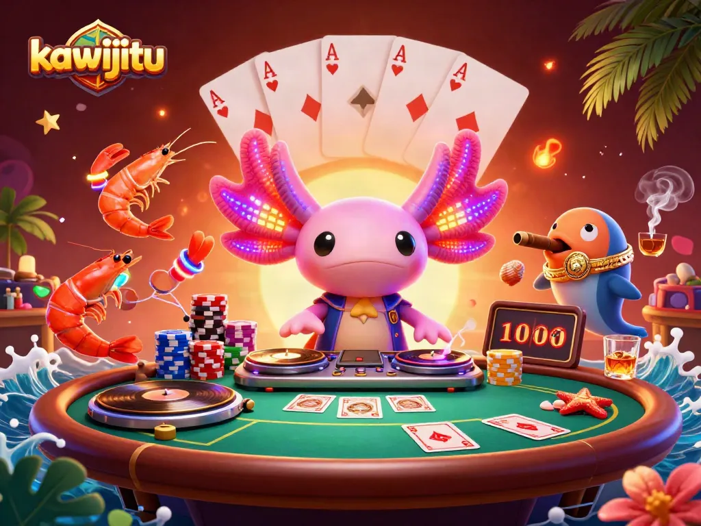 Menangkan keberuntungan Anda dengan kawijitu di meja poker penuh chip warna-warni dan kartu!