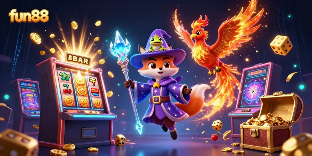 Experience the excitement of fun88 with a vibrant 3D illustration featuring mystical characters and a jackpot slot machine.