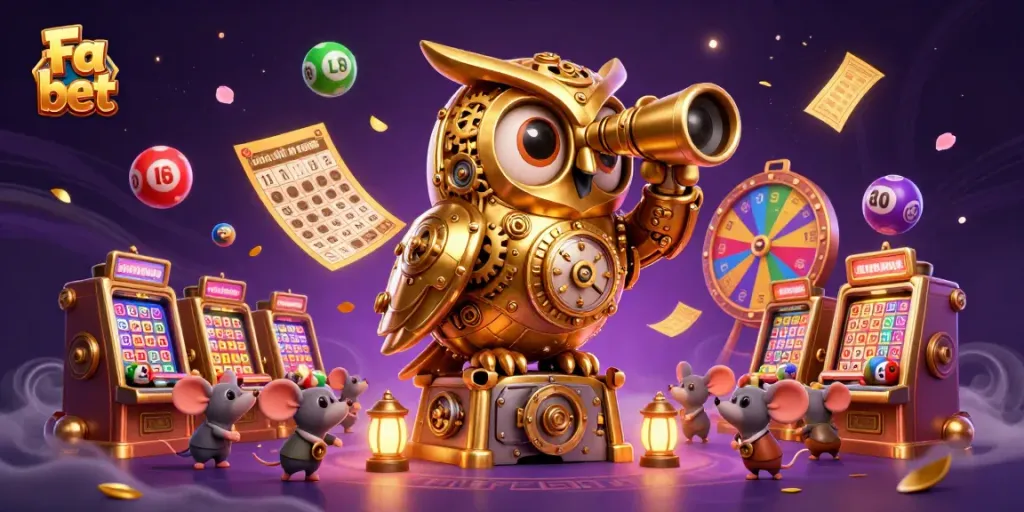 Engage with Fa bet's vibrant casino scene, featuring a golden owl among dynamic lottery elements.