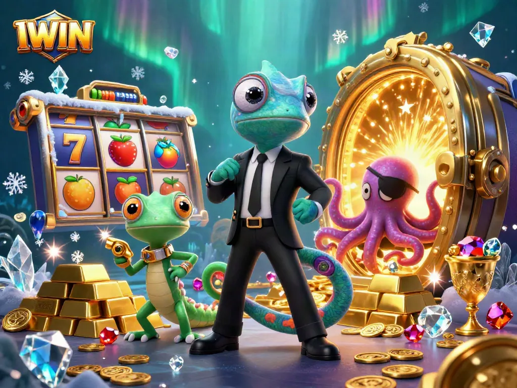 IWIN casino illustration featuring a secret agent chameleon, tech-gecko, and villainous octopus amidst slot reels and treasures.