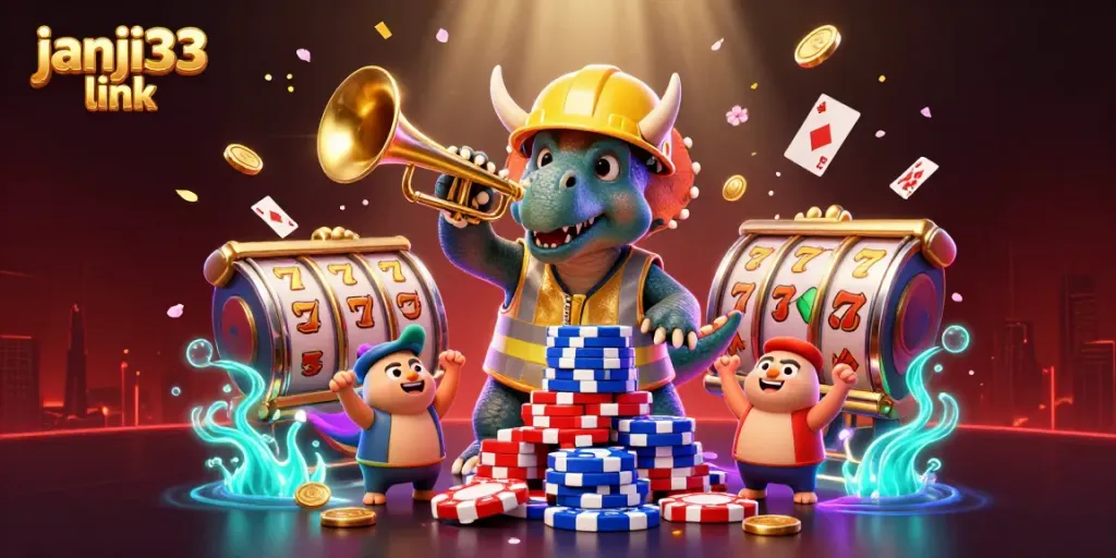 Gambarkan pengalaman bermain slot di janji33 link dengan simbol keberuntungan dan karakter lucu.