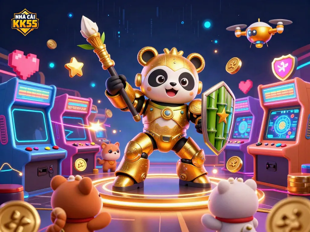 Experience thrilling gaming action at NHÀ CÁI KK55 with 3D cartoon characters in a lively casino scene.