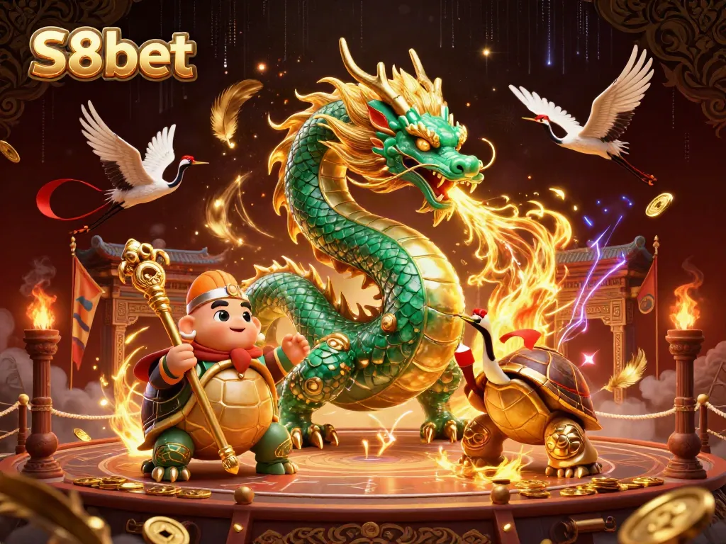Engage with S8bet's vibrant energy in a dynamic 3D casino scene filled with luck and excitement.