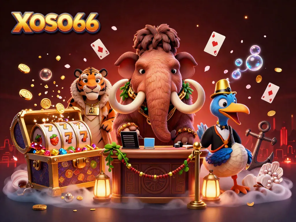 XOSO66 casino scene with unique characters and rich gaming elements creating an exciting atmosphere.