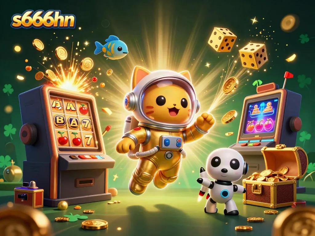 Experience excitement with s666hn: Vibrant illustrations of a slot jackpot explosion and playful characters.