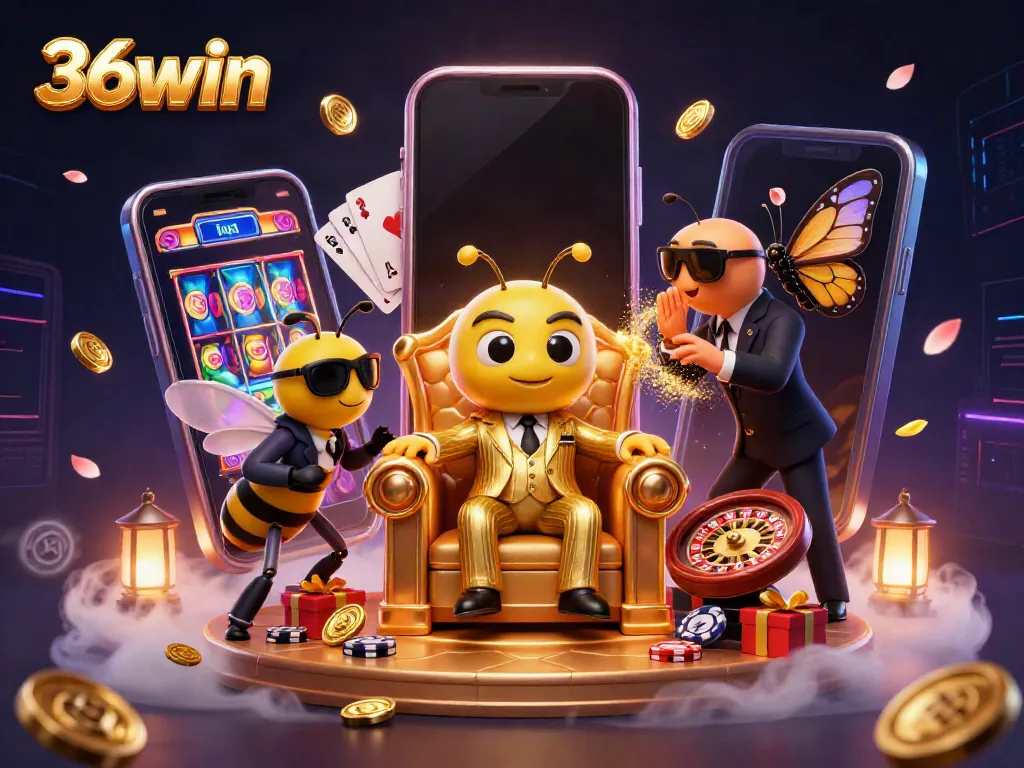 Experience the excitement of 36win with a dynamic 3D casino scene featuring vibrant games and characters.