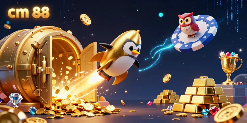 Experience thrilling gaming action with cm 88 as a golden penguin powers past a sparkling casino space station.