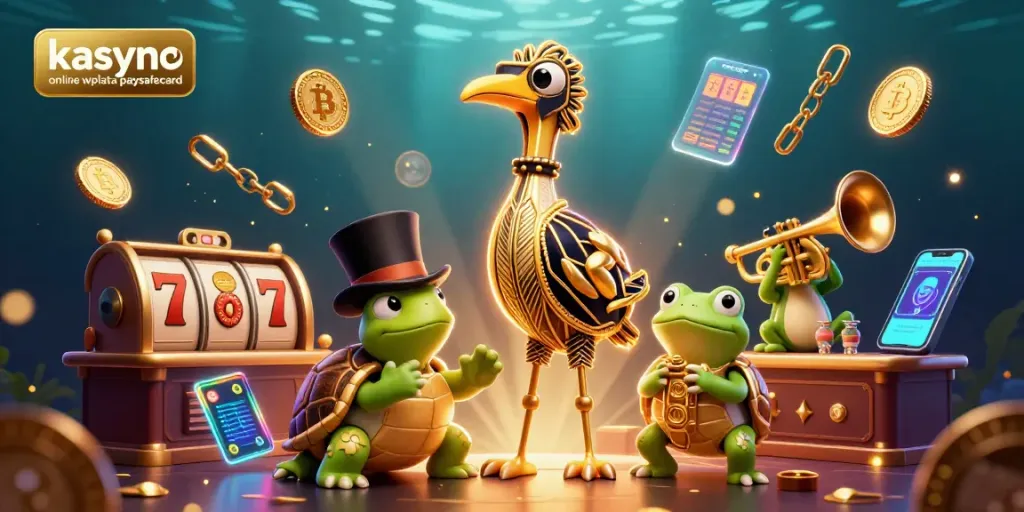 A vibrant scene showcasing kasyno online wpłata paysafecard with entertaining characters, slot reels, and colorful cryptocurrency elements.