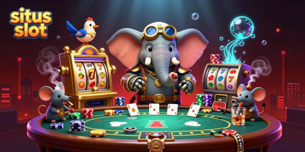 Gambarkan petualangan slot situs slot dengan gajah steampunk dan mesin slot berkilauan.