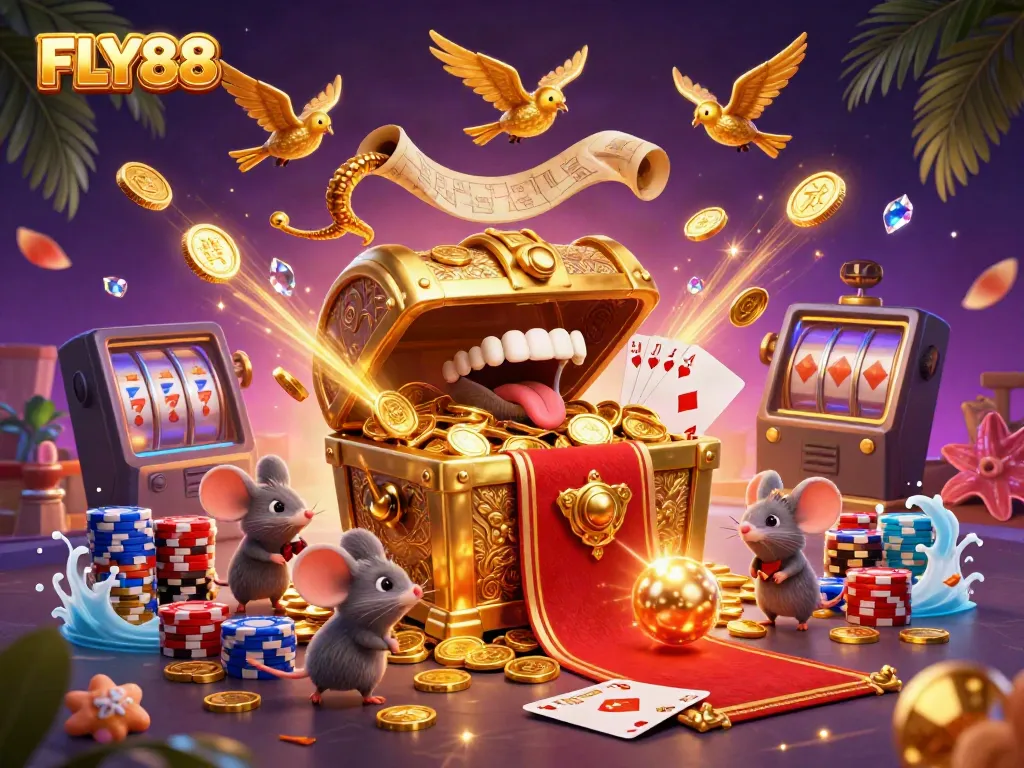 FLY88 offers thrilling slot experiences with cascading coins and vibrant casino elements.