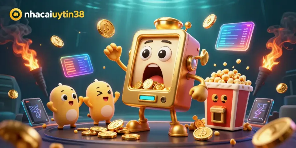 nhacaiuytin38 celebrates winning with a lively animated golden slot machine, surrounded by cheerful baby machines and crypto elements.