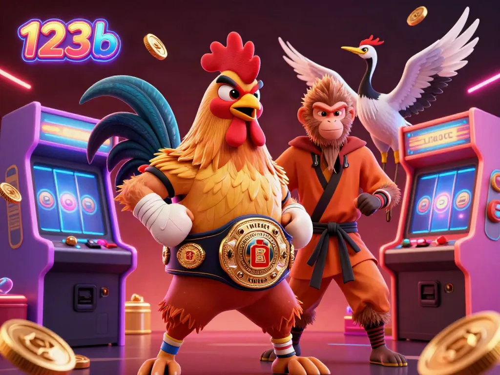 Engage in thrilling gaming action with 123b's colorful 3D characters and casino-themed elements.