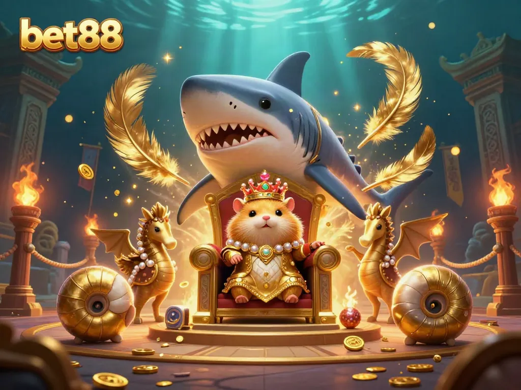 Bettors rejoice with bet88 in a luxurious underwater gaming scene featuring a hamster king and gold.