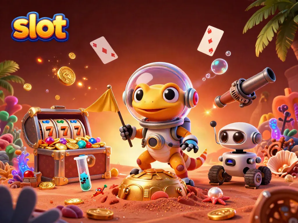 Slot dimainkan oleh karakter unik di kasino yang tersembunyi di Mars, lingkungan yang penuh warna dan perhiasan.