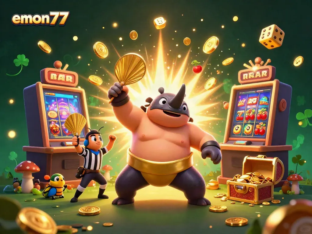 Experience emon77's thrilling casino action with a vibrant 3D illustration of a beetle sumo champion surrounded by slot machines and coins.