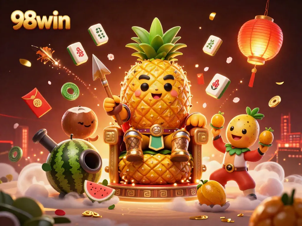 Experience the vibrant 98win casino scene with a golden pineapple king and colorful game elements.