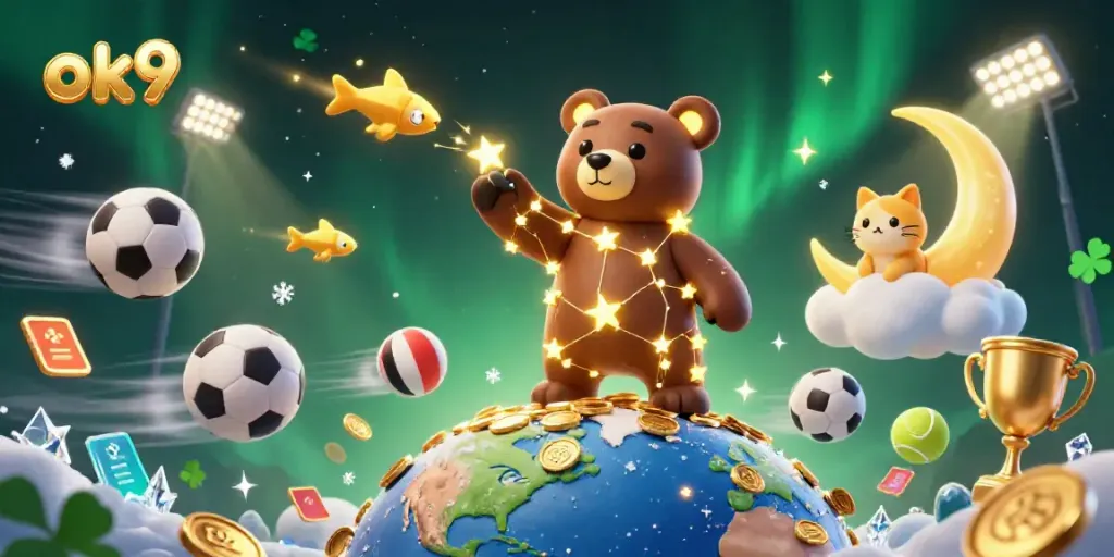 Experience thrilling moments with ok9 as a bear scoops coins amidst vibrant sports elements.