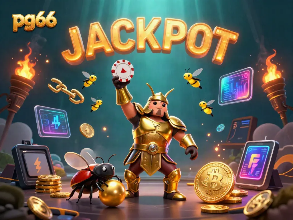 Experience thrilling wins at pg66 with a gladiator beetle celebrating a jackpot surrounded by crypto elements.