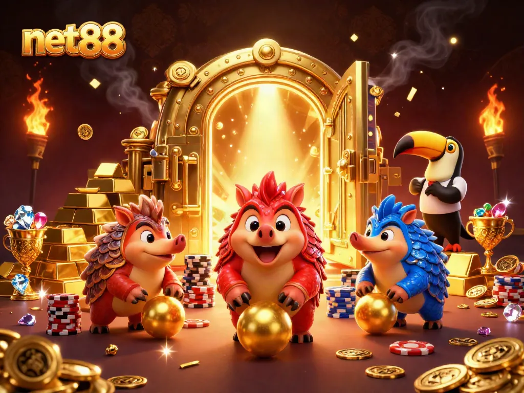 Engaging net88 illustration of rival pangolins bowling with poker chips in a vibrant casino scene.