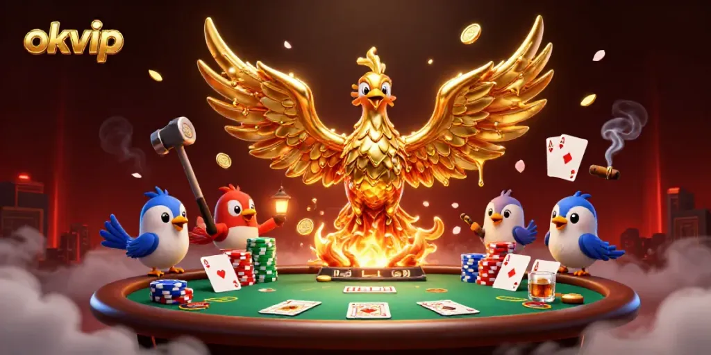 Experience the excitement of okvip with a golden phoenix and engaging poker elements in a vibrant casino scene.