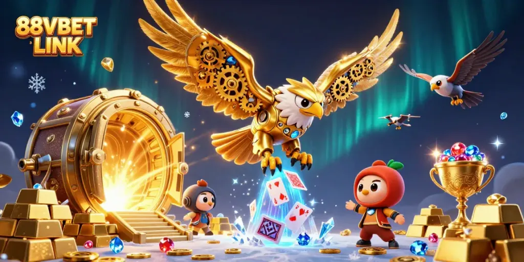 Experience the excitement of gambling with the 88VBET LINK showcasing a golden eagle in a 3D scene.