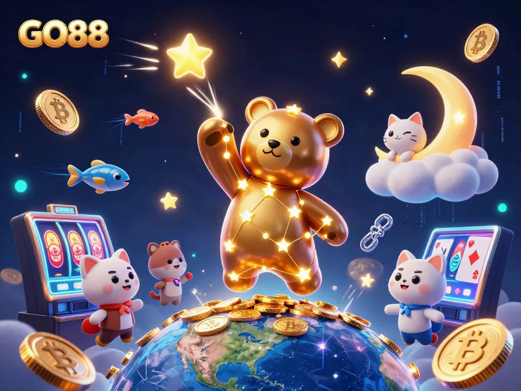 Engage in thrilling gameplay with GO88's vibrant casino activities featuring a constellation bear, currencies, and game elements.