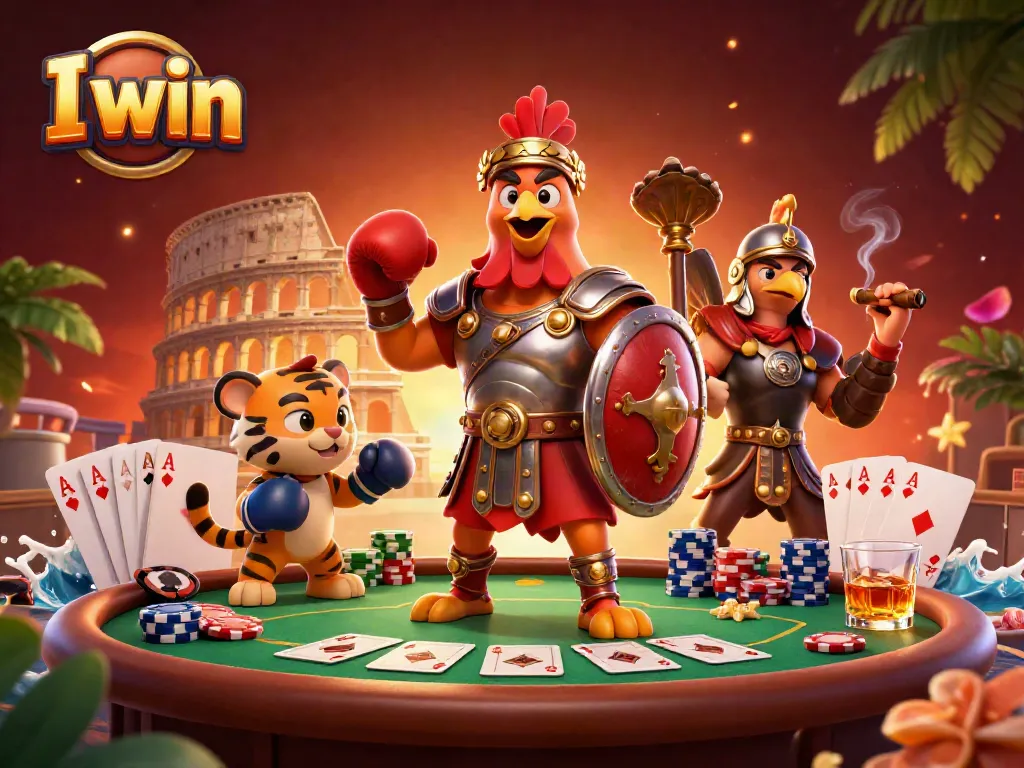 I win in a lively 3D cartoon scene with gladiator rooster, poker elements, and a vibrant casino atmosphere